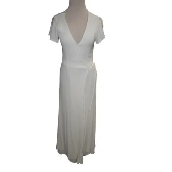 Lulus White Wrap Maxi Dress Flutter Sleeve Tie Waist Slit Boho Women’s M - Picture 10 of 15